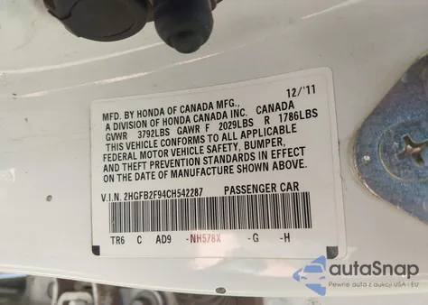 2012 Honda Civic Ex-L from USA, damaged, VIN 2HGFB2F94CH542287